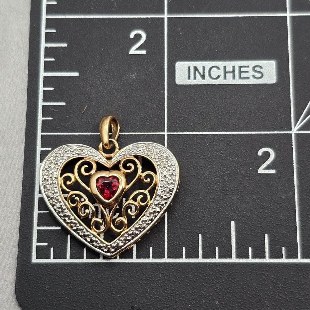 VTG Ross‑Simons Vermeil Sterling Heart Pendant Garnet & Diamond Accents 1" - Picture 5 of 9